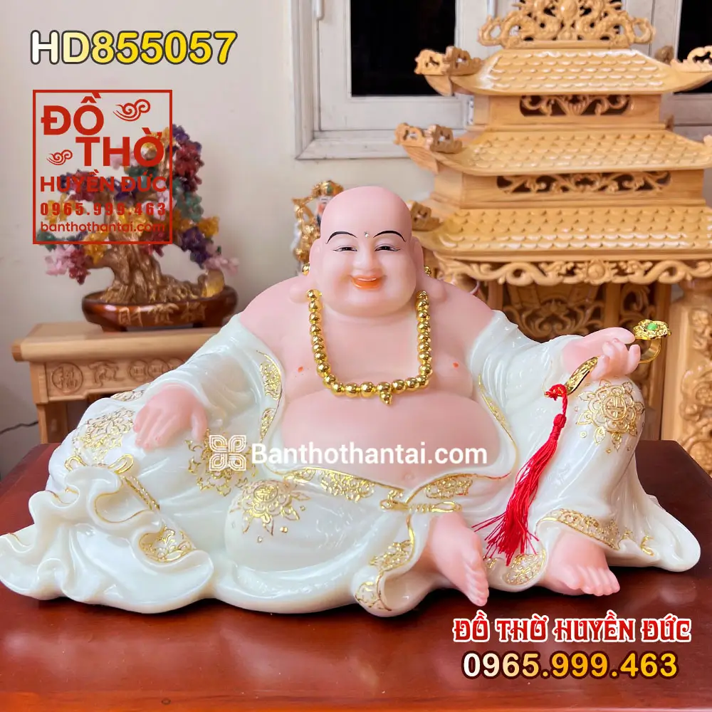 Tượng Phật Di Lặc Áo Trắng Ngồi Trên Túi Tiền Hoan Hỉ mã số HD855057