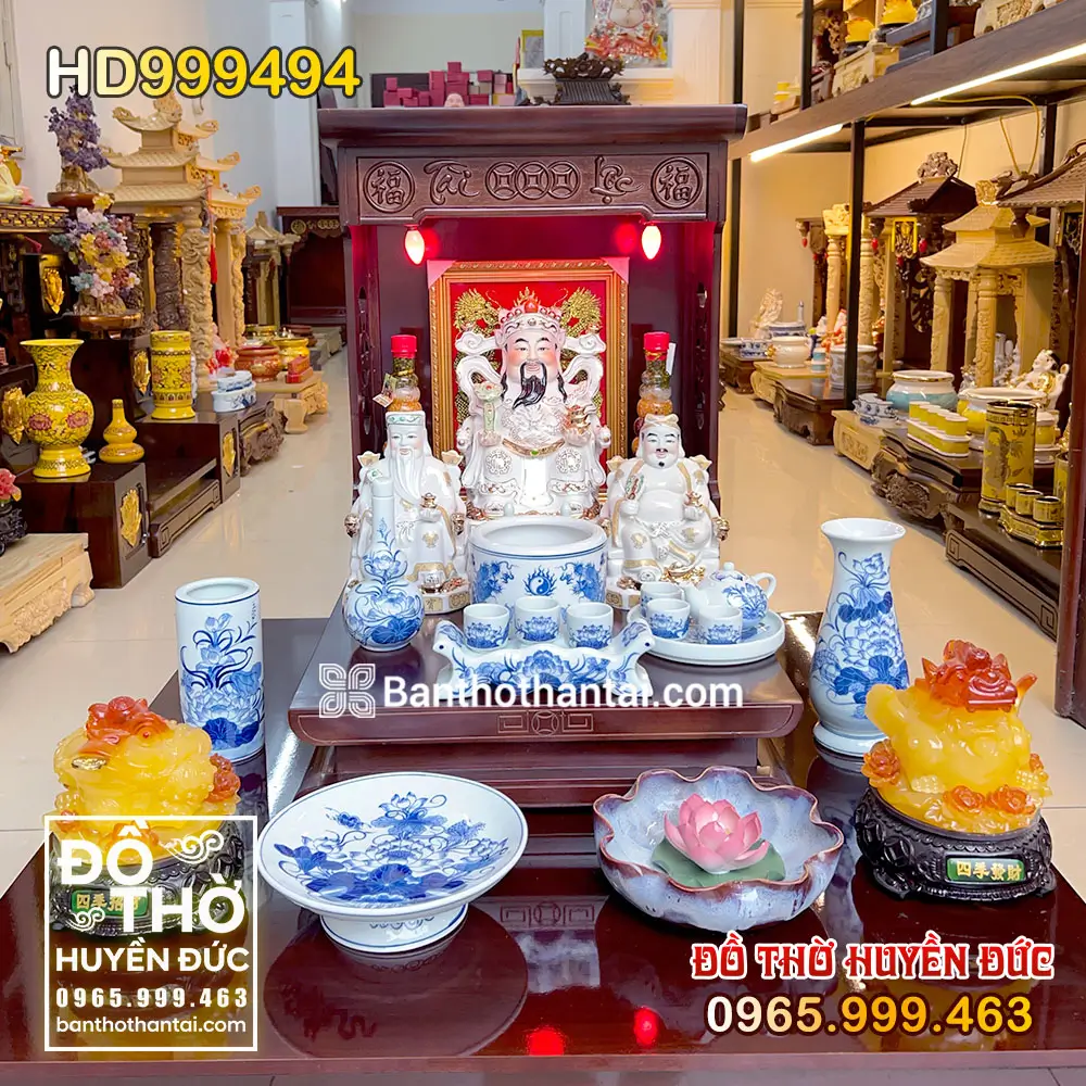 Full Bộ Bàn Thờ Thần Tài Đương Đại Đồ Thờ Sứ Men Xanh Ngọc Vẽ Sen mã số HD999494